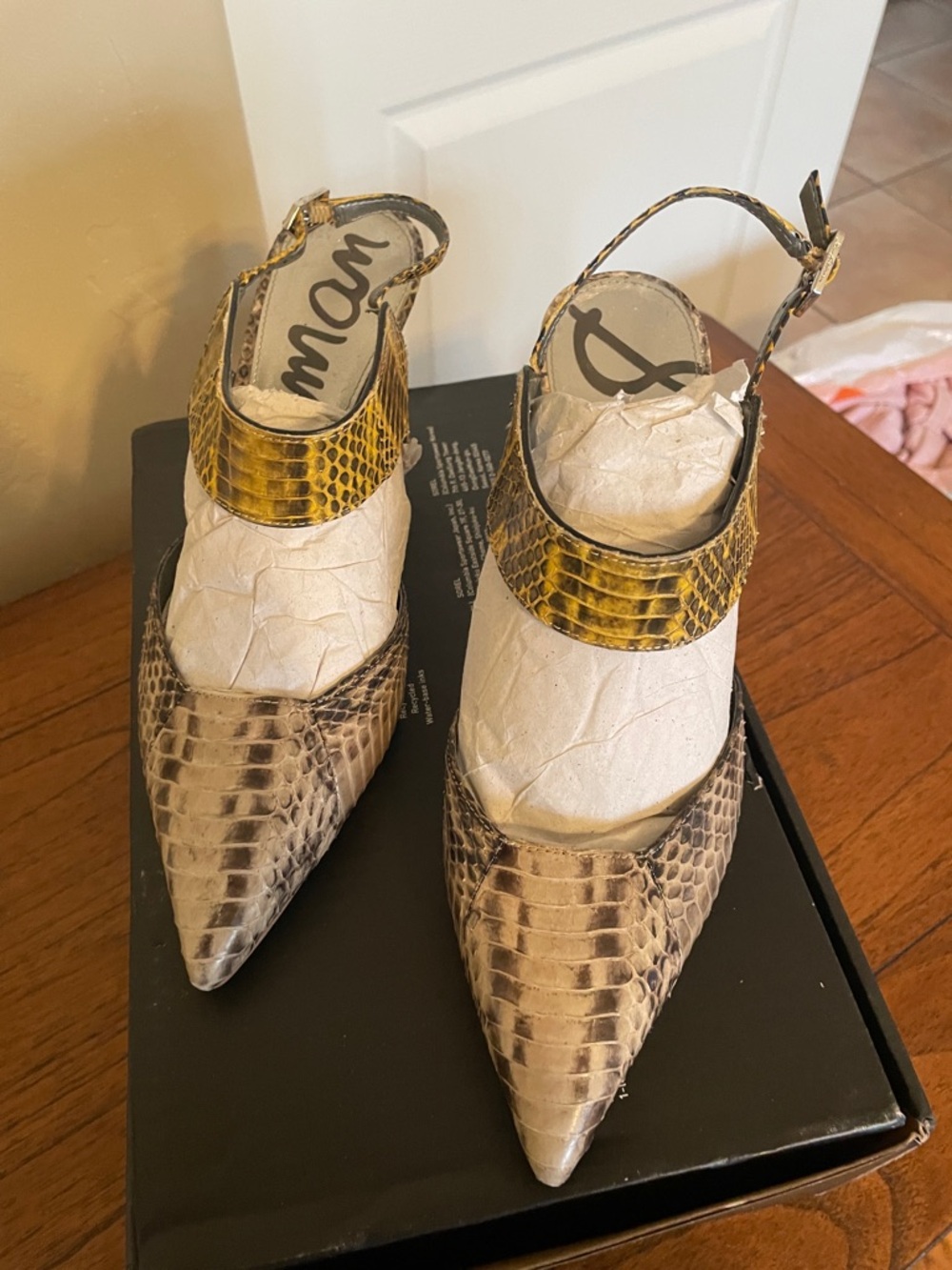 Sam Edelman Pointed Toe Snake-Embossed Slingback Heels in Brown and tan